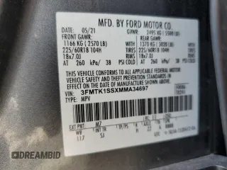 2021 Ford Mustang Mach-E Select z VIN 3FMTK1SSXMMA34697, wystawiony jako Copart lot #57275315 z przebiegiem 184 862 mil mil oraz Tytuł czysty. Historia ofert i sprzedaży dostępna na DreamBid. Obrazek 12.