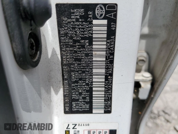 2006 Toyota Matrix STD z VIN 2T1KR32EX6C601035, wystawiony jako Copart lot #55938865 z przebiegiem 253 835 mil mil oraz Szkody całkowita. Historia ofert i sprzedaży dostępna na DreamBid. Obrazek 12.