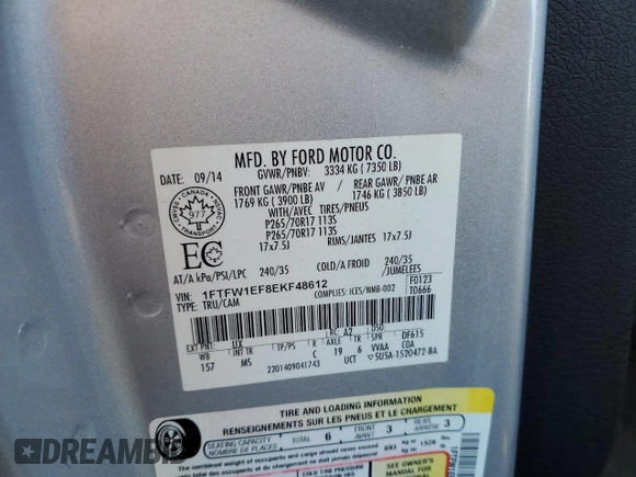 2014 Ford F-150 XL with VIN 1FTFW1EF8EKF48612, listed as a Copart auction lot 42370115 with 146,951 mi miles and Salvage Title. Bid and sale history available at carsss.com. Image 12.