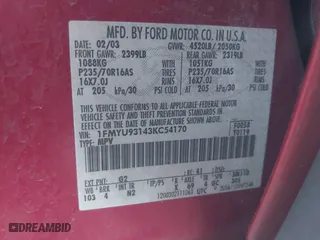 2003 Ford Escape XLT Popular 2 with VIN 1FMYU93143KC54170, listed as a IAAI auction lot 41763124 with 271,432 mi miles. Bid and sale history available at carsss.com. Image 9.