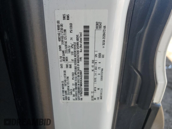 2019 Ford Transit Passenger XL с VIN 1FBZX2YM0KKA22887, выставлен на аукционе Copart как лот 55754935 с пробегом Не указан миль и Списание • Salvage title. История ставок и продаж доступна на DreamBid. Изображение 12.