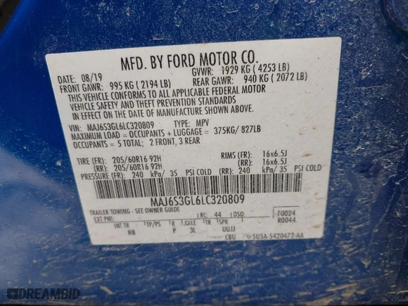 2020 Ford EcoSport SE with VIN MAJ6S3GL6LC320809, listed as a IAAI auction lot 41601848 with 43,414 mi miles. Bid and sale history available at carsss.com. Image 9.