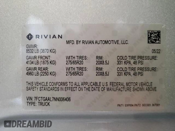 2022 Rivian R1T Launch Edition z VIN 7FCTGAAL7NN006406, wystawiony jako Copart lot #60049275 z przebiegiem 1 517 mil mil oraz Czysty tytuł • Clean title. Historia ofert i sprzedaży dostępna na DreamBid. Obrazek 10.