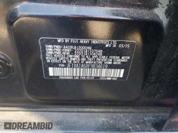 2015 Subaru WRX with VIN JF1VA1A68F9834619, listed as a Copart auction lot 48923115 with 133,140 mi miles and Clean Title. Bid and sale history available at carsss.com. Image 12.