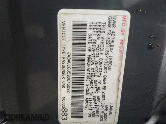 2009 Mitsubishi Lancer DE with VIN JA3AU16U59U045092, listed as a Copart auction lot 83911444 with 190,647 mi miles and Salvage Title. Bid and sale history available at carsss.com. Image 13.