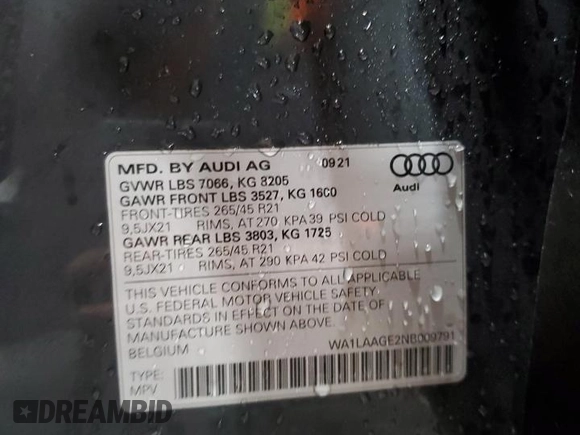 2022 Audi e-tron Premium Plus with VIN WA1LAAGE2NB009791, listed as a Copart auction lot 83365324 with 23,763 mi miles and Salvage title. Bid and sale history available at DreamBid. Image 14.