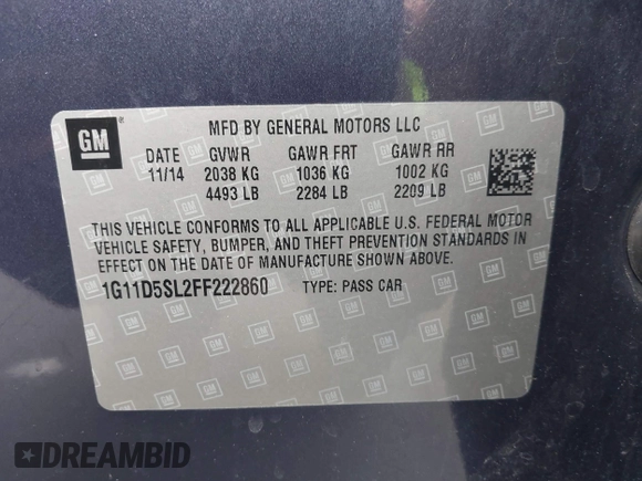 2015 Chevrolet Malibu LT with VIN 1G11D5SL2FF222860, listed as a IAAI auction lot 42115168 with 141,508 mi miles and . Bid and sale history available at DreamBid. Image 9.