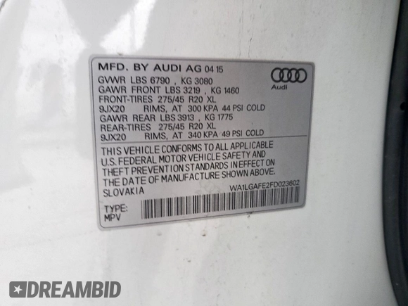 2015 Audi Q7 Premium Plus with VIN WA1LGAFE2FD023602, listed as a Copart auction lot 53737705 with 102,395 mi miles and Salvage Title. Bid and sale history available at DreamBid. Image 13.