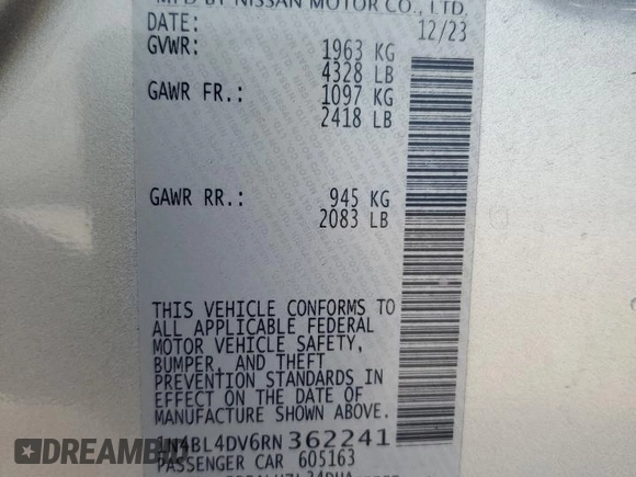 2024 Nissan Altima 2.5 SV with VIN 1N4BL4DV6RN362241, listed as a Copart auction lot 53639275 with 29,385 mi miles and Non Repairable. Bid and sale history available at carsss.com. Image 13.