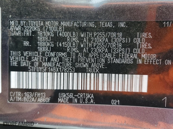 2011 Toyota Tundra 4WD Truck with VIN 5TFUY5F14BX178253, listed as a Copart auction lot 46650815 with NaN miles and Salvage Title. Bid and sale history available at carsss.com. Image 12.