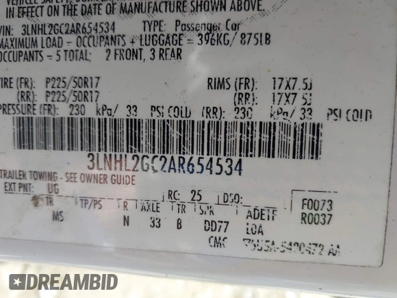 2010 Lincoln MKZ with VIN 3LNHL2GC2AR654534, listed as a IAAI auction lot 42078435 with 103,199 mi miles and . Bid and sale history available at DreamBid. Image 9.