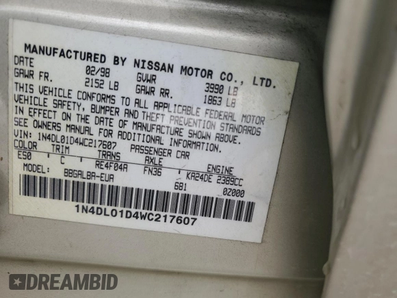 1998 Nissan Altima XE z VIN 1N4DL01D4WC217607, wystawiony jako Copart lot #55434615 z przebiegiem 182 205 mil mil oraz Szkoda całkowita • Salvage title. Historia ofert i sprzedaży dostępna na DreamBid. Obrazek 12.