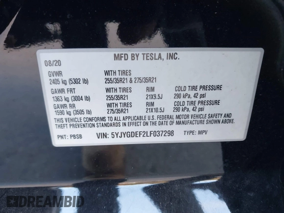 2020 Tesla Model Y Long Range with VIN 5YJYGDEF2LF037298, listed as a IAAI auction lot 37832056 with 40,417 mi miles and . Bid and sale history available at DreamBid. Image 9.