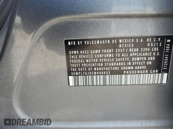 2012 Volkswagen Jetta TDI w/Sunroof with VIN 3VWPL7AJ9CM698922, listed as a Copart auction lot 60652635 with 118,806 mi miles and Salvage title. Bid and sale history available at DreamBid. Image 12.
