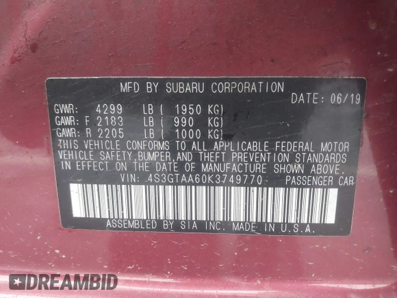 2019 Subaru Impreza z VIN 4S3GTAA60K3749770, wystawiony jako IAAI lot #42450718 z przebiegiem 113 686 mil mil oraz . Historia ofert i sprzedaży dostępna na DreamBid. Obrazek 9.