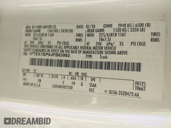 2018 Ford F-150 XL with VIN 1FTEX1EP9JFB83992, listed as a IAAI auction lot 41655741 with 174,796 mi miles and . Bid and sale history available at DreamBid. Image 9.