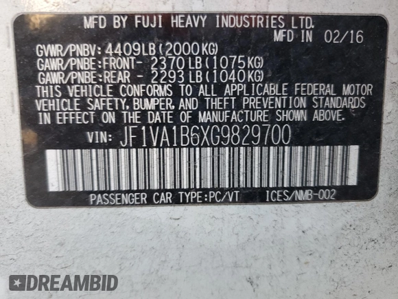 2016 Subaru WRX with VIN JF1VA1B6XG9829700, listed as a Copart auction lot 86578854 with 112,317 mi miles and Salvage Title. Bid and sale history available at carsss.com. Image 14.