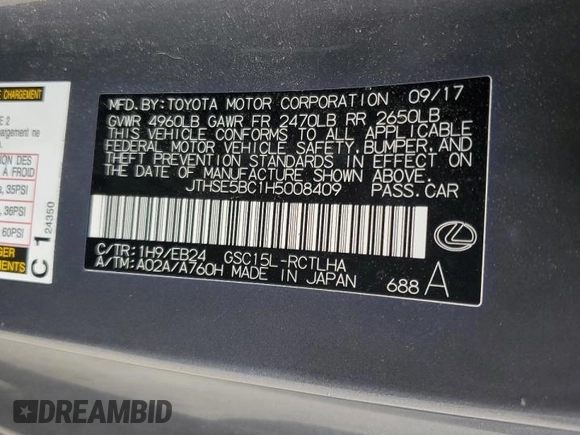 2017 Lexus RC 350 with VIN JTHSE5BC1H5008409, listed as a Copart auction lot 71920324 with 83,379 mi miles and Salvage title. Bid and sale history available at DreamBid. Image 12.