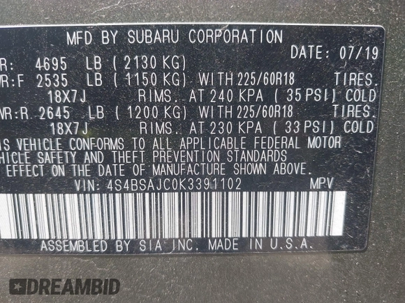 2019 Subaru Outback Limited with VIN 4S4BSAJC0K3391102, listed as a IAAI auction lot 42417622 with 40,590 mi miles and . Bid and sale history available at DreamBid. Image 9.