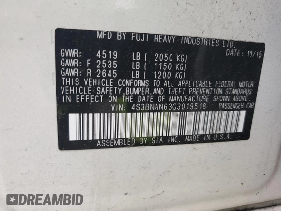 2016 Subaru Legacy Limited with VIN 4S3BNAN63G3019518, listed as a Copart auction lot 59019995 with 29,889 mi miles and Salvage title. Bid and sale history available at DreamBid. Image 12.