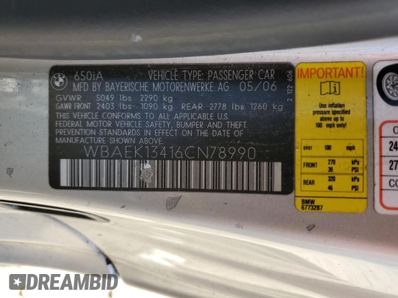 2006 BMW 6 Series 650Ci z VIN WBAEK13416CN78990, wystawiony jako Copart lot #47316205 z przebiegiem 99 173 mil mil oraz Czysty tytuł • Clean title. Historia ofert i sprzedaży dostępna na DreamBid. Obrazek 12.