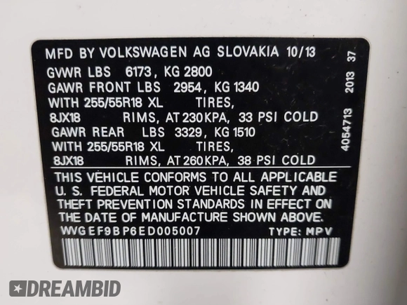 2014 Volkswagen Touareg Sport with VIN WVGEF9BP6ED005007, listed as a IAAI auction lot 41757033 with Not Provided miles and . Bid and sale history available at DreamBid. Image 9.