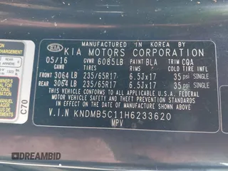 2017 Kia Sedona LX with VIN KNDMB5C11H6233620, listed as a IAAI auction lot 42193582 with 153,934 mi miles and . Bid and sale history available at DreamBid. Image 9.