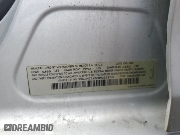 2009 Volkswagen Jetta S с VIN 3VWJM71K59M021158, выставлен на аукционе Copart как лот 57352115 с пробегом 168 970 миль миль и Чистый • Clean title. История ставок и продаж доступна на DreamBid. Изображение 12.