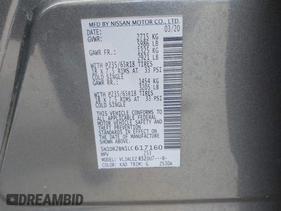 2020 Nissan Pathfinder SV z VIN 5N1DR2BN1LC617160, wystawiony jako IAAI lot #42014922 z przebiegiem 34 547 mil mil oraz . Historia ofert i sprzedaży dostępna na DreamBid. Obrazek 9.