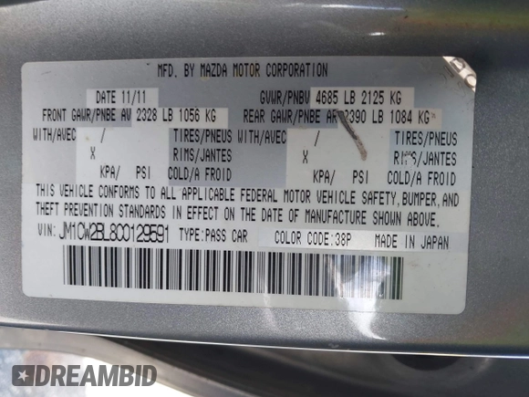 2012 Mazda 5 Sport with VIN JM1CW2BL8C0129591, listed as a IAAI auction lot 42513037 with 177,206 mi miles and . Bid and sale history available at DreamBid. Image 9.