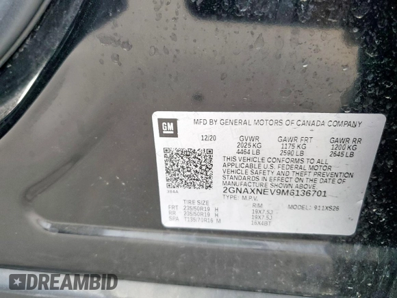 2021 Chevrolet Equinox Premier z VIN 2GNAXNEV9M6136701, wystawiony jako Copart lot #57288215 z przebiegiem 62 808 mil mil oraz Szkoda całkowita • Salvage title. Historia ofert i sprzedaży dostępna na DreamBid. Obrazek 13.