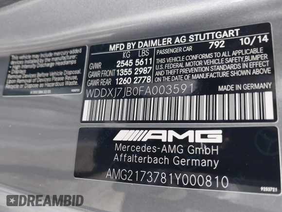 2015 Mercedes-Benz S 63 AMG with VIN WDDXJ7JB0FA003591, listed as a IAAI auction lot 41669232 with 76,490 mi miles and . Bid and sale history available at carsss.com. Image 9.