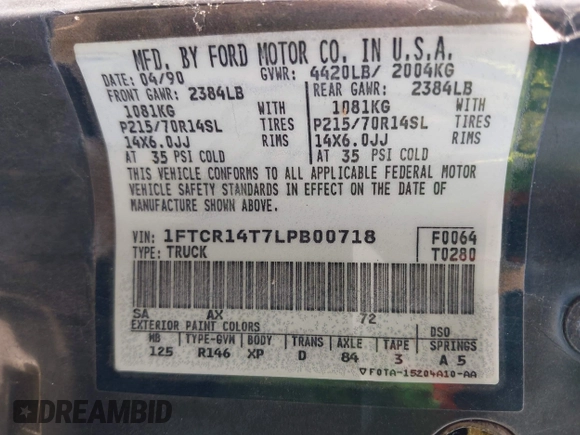 1990 Ford Ranger z VIN 1FTCR14T7LPB00718, wystawiony jako IAAI lot #42756062 z przebiegiem 77 393 mil mil oraz . Historia ofert i sprzedaży dostępna na DreamBid. Obrazek 9.