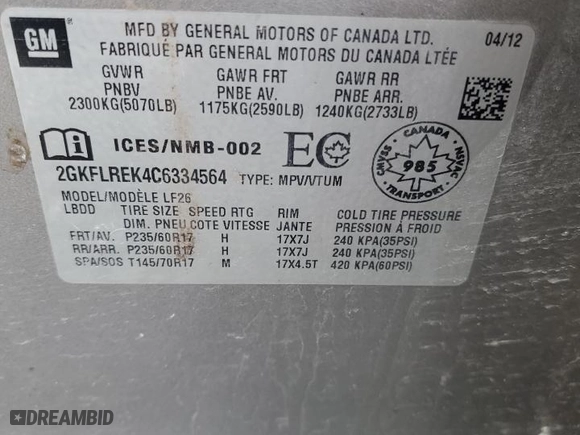 2012 GMC Terrain SLE-1 with VIN 2GKFLREK4C6334564, listed as a Copart auction lot 47045295 with 156,889 mi miles and Clean Title. Bid and sale history available at carsss.com. Image 13.