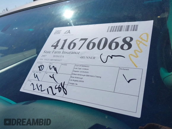 2007 Toyota 4Runner SR5 with VIN JTEZU14R970095027, listed as a IAAI auction lot 41676068 with 212,288 mi miles and . Bid and sale history available at DreamBid. Image 17.