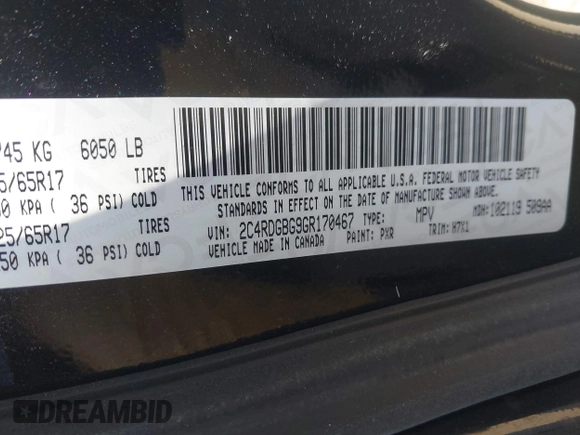 2016 Dodge Grand Caravan SE with VIN 2C4RDGBG9GR170467, listed as a IAAI auction lot 41646873 with 158,643 mi miles and . Bid and sale history available at DreamBid. Image 9.