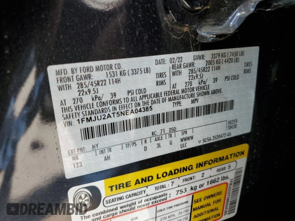 2022 Ford Expedition Limited with VIN 1FMJU2AT5NEA04385, listed as a Copart auction lot 61767214 with 6,275 mi miles and Salvage title. Bid and sale history available at DreamBid. Image 13.