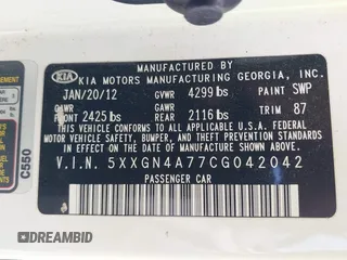 2012 Kia Optima EX with VIN 5XXGN4A77CG042042, listed as a IAAI auction lot 42071006 with 192,180 mi miles. Bid and sale history available at carsss.com. Image 9.