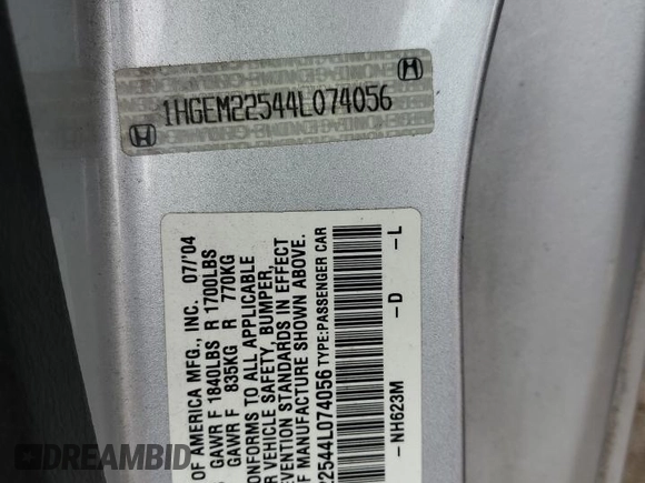 2004 Honda Civic LX z VIN 1HGEM22544L074056, wystawiony jako Copart lot #58353295 z przebiegiem 134 566 mil mil oraz Czysty tytuł • Clean title. Historia ofert i sprzedaży dostępna na DreamBid. Obrazek 12.