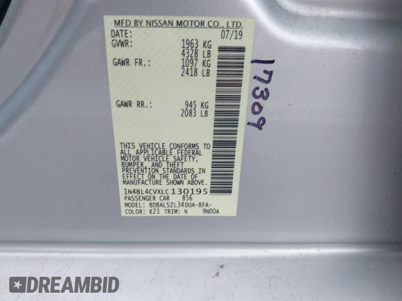 2020 Nissan Altima SR z VIN 1N4BL4CVXLC130195, wystawiony jako IAAI lot #42504838 z przebiegiem 104 389 mil mil oraz . Historia ofert i sprzedaży dostępna na DreamBid. Obrazek 9.