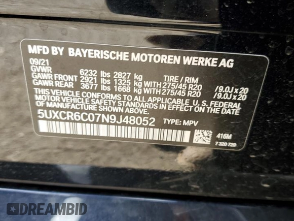 2022 BMW X5 xDrive40i with VIN 5UXCR6C07N9J48052, listed as a Copart auction lot 37326233 with 7,804 mi miles. Bid and sale history available at carsss.com. Image 12.
