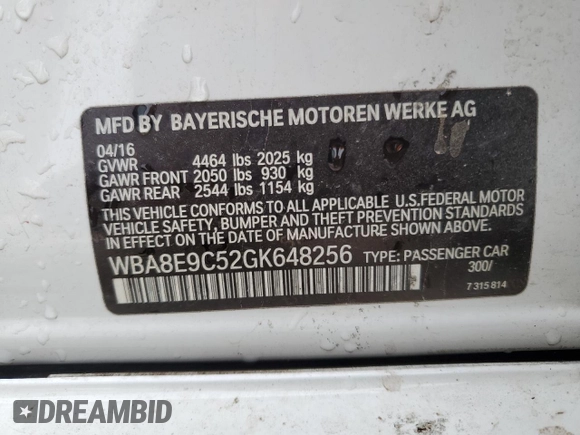 2016 BMW 3 Series 328i with VIN WBA8E9C52GK648256, listed as a Copart auction lot 50982565 with 86,527 mi miles and Salvage Title. Bid and sale history available at DreamBid. Image 12.