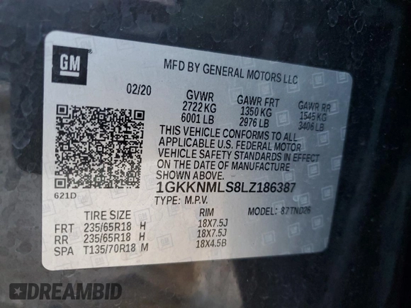 2020 GMC Acadia SLT with VIN 1GKKNMLS8LZ186387, listed as a Copart auction lot 43816935 with 97,716 mi miles and Salvage Title. Bid and sale history available at DreamBid. Image 15.