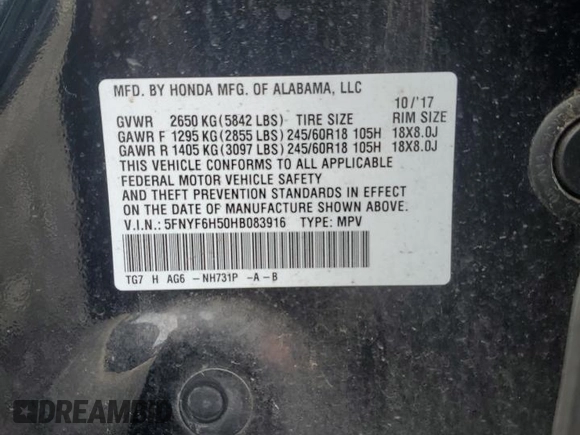 2017 Honda Pilot EX-L with VIN 5FNYF6H50HB083916, listed as a Copart auction lot 50624765 with 145,982 mi miles and Salvage Title. Bid and sale history available at DreamBid. Image 15.