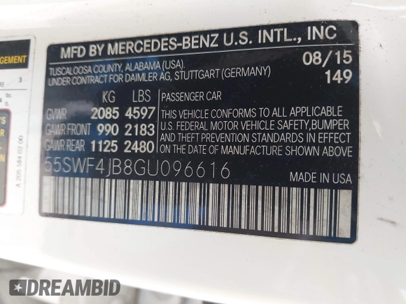 2016 Mercedes-Benz C 300 with VIN 55SWF4JB8GU096616, listed as a IAAI auction lot 42281665 with 104,838 mi miles and . Bid and sale history available at DreamBid. Image 9.