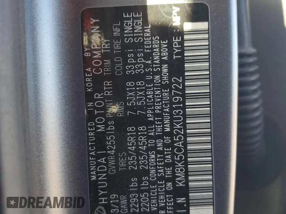 2019 Hyundai Kona Ultimate with VIN KM8K5CA52KU319722, listed as a Copart auction lot 46682135 with 37,737 mi miles and Salvage Title. Bid and sale history available at carsss.com. Image 15.
