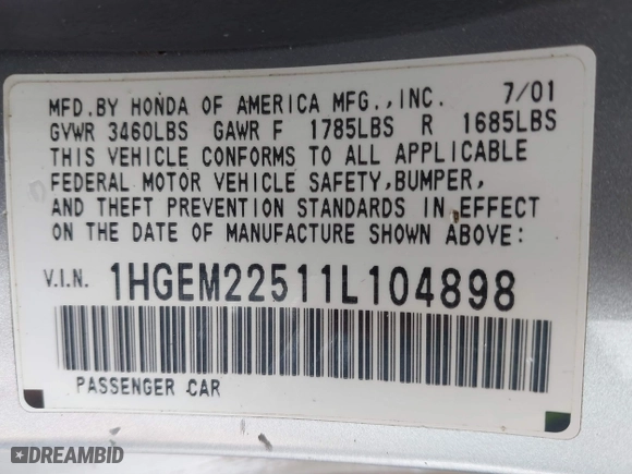 2001 Honda Civic LX with VIN 1HGEM22511L104898, listed as a IAAI auction lot 41855518 with 255,538 mi miles. Bid and sale history available at carsss.com. Image 9.
