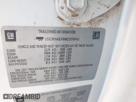 2021 Chevrolet Silverado 1500 Work Truck with VIN 1GCRYAEF6MZ209943, listed as a IAAI auction lot 42221696 with 58,094 mi miles and . Bid and sale history available at DreamBid. Image 9.
