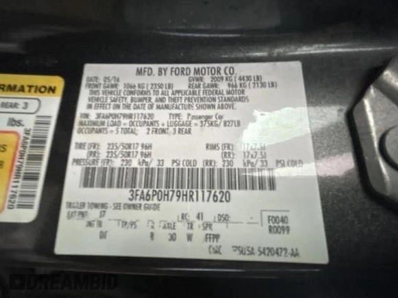 2017 Ford Fusion SE с VIN 3FA6P0H79HR117620, выставлен на аукционе Copart как лот 62193875 с пробегом 72 646 миль миль и Списание • Salvage title. История ставок и продаж доступна на DreamBid. Изображение 10.