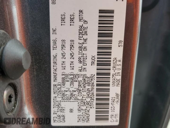 2022 Toyota Tundra SR z VIN 5TFKB5DA7NX047592, wystawiony jako Copart lot #51610295 z przebiegiem 50 737 mil mil oraz Szkoda całkowita • Salvage title. Historia ofert i sprzedaży dostępna na DreamBid. Obrazek 15.